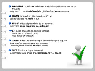 DE/DESDE...A/HASTA indican el punto inicial y el punto final de un
trayecto.
Hay mucho camino de/desde la iglesia a/hasta el restaurante.
HACIA indica dirección (=en dirección a)
Esta autopista va hacia el sur.
HASTA indica el punto final de un trayecto.
Corrimos hasta la parada del autobús;
EN indica situación en sentido general.
Teresa vive en el quinto piso;
Tengo sellos en el cajón.
SOBRE indica una situación por encima de algo o alguien
Hay muchos papeles sobre el televisor;
A veces pasan aviones sobre la ciudad.
ENTRE indica un lugar intermedio.
La farmacia está entre el supermercado y el banco.
 