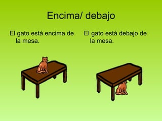 Encima/ debajo <ul><li>El gato está encima de la mesa. </li></ul><ul><li>El gato está debajo de la mesa. </li></ul>