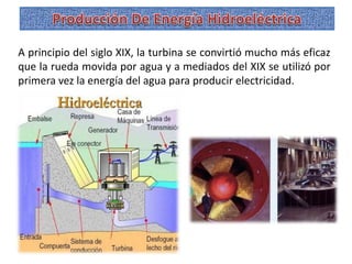 A principio del siglo XIX, la turbina se convirtió mucho más eficaz
que la rueda movida por agua y a mediados del XIX se utilizó por
primera vez la energía del agua para producir electricidad.
 