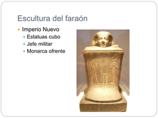 Escultura del faraón
 Imperio Nuevo
 Estatuas cubo
 Jefe militar
 Monarca ofrente
 