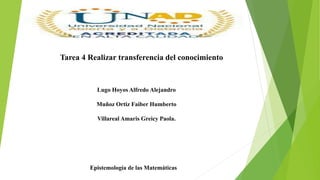 Tarea 4 Realizar transferencia del conocimiento
Epistemología de las Matemáticas
Lugo Hoyos Alfredo Alejandro
Muñoz Ortiz Faiber Humberto
Villareal Amaris Greicy Paola.
 