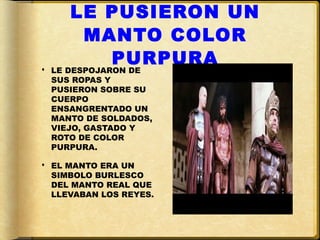 LE PUSIERON UN
      MANTO COLOR
        PURPURA
 LE DESPOJARON DE
  SUS ROPAS Y
  PUSIERON SOBRE SU
  CUERPO
  ENSANGRENTADO UN
  MANTO DE SOLDADOS,
  VIEJO, GASTADO Y
  ROTO DE COLOR
  PURPURA.

 EL MANTO ERA UN
  SIMBOLO BURLESCO
  DEL MANTO REAL QUE
  LLEVABAN LOS REYES.
 