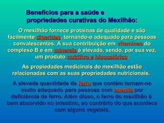 Benefícios para a saúde e
       propriedades curativas do Mexilhão:
     O mexilhão fornece protaínas de qualidade e são
fácilmente digeridas, tornando-o adequado para pessoas
  convalescentes. A sua contribuição em vitaminas do
complexo B e em minerais é elevada, sendo, por sua vez,
          um produto nutritivo e hipocalórico.
      As propiedades medicinais do mexilhão estão
  relacionadas com as suas propriedades nutricionais.
  A elevada quantidade de ferro que contém tornam-no
     muito adequado para pessoas com anemia por
 deficiência de ferro. Além disso, o ferro do mexilhão é
bem absorvido no intestino, ao contrário do que acontece
                  com alguns vegetais.
 