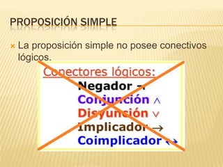 PROPOSICIÓN SIMPLE
 La proposición simple no posee conectivos
lógicos.
 