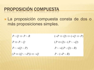 PROPOSICIÓN COMPUESTA
 La proposición compuesta consta de dos o
más proposiciones simples.
 