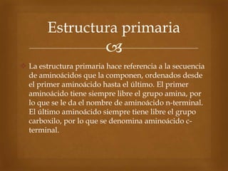 
 La estructura primaria hace referencia a la secuencia
de aminoácidos que la componen, ordenados desde
el primer aminoácido hasta el último. El primer
aminoácido tiene siempre libre el grupo amina, por
lo que se le da el nombre de aminoácido n-terminal.
El último aminoácido siempre tiene libre el grupo
carboxilo, por lo que se denomina aminoácido c-
terminal.
Estructura primaria
 