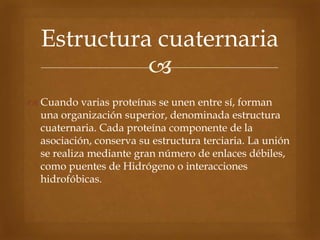 
 Cuando varias proteínas se unen entre sí, forman
una organización superior, denominada estructura
cuaternaria. Cada proteína componente de la
asociación, conserva su estructura terciaria. La unión
se realiza mediante gran número de enlaces débiles,
como puentes de Hidrógeno o interacciones
hidrofóbicas.
Estructura cuaternaria
 