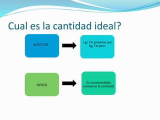 Cual es la cantidad ideal?
ADULTOS
1 gr. De proteína por
kg. De peso
Es recomendable
aumentar la cantidadNIÑOS
 