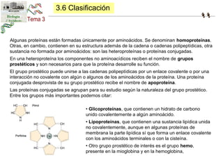 3.6 Clasificación 
Algunas proteínas están formadas únicamente por aminoácidos. Se denominan homoproteínas. 
Otras, en cam...