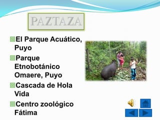 El Parque Acuático,
 Puyo
Parque
 Etnobotánico
 Omaere, Puyo
Cascada de Hola
 Vida
Centro zoológico
 Fátima
 