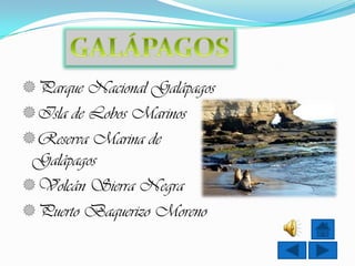 Parque Nacional Galápagos
Isla de Lobos Marinos
Reserva Marina de
 Galápagos
Volcán Sierra Negra
Puerto Baquerizo Moreno
 