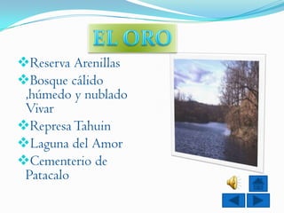 Reserva Arenillas
Bosque cálido
 ,húmedo y nublado
 Vivar
Represa Tahuin
Laguna del Amor
Cementerio de
 Patacalo
 
