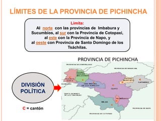 LÍMITES DE LA PROVINCIA DE PICHINCHA
Limita:
Al norte con las provincias de Imbabura y
Sucumbíos, al sur con la Provincia de Cotopaxi,
al este con la Provincia de Napo, y
al oeste con Provincia de Santo Domingo de los
Tsáchilas.
DIVISIÓN
POLÍTICA
C = cantón
 