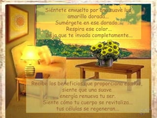 Siéntete envuelto por una suave luz
              amarillo dorada...
         Sumérgete en ese dorado...
             Respira ese color...
     Deja que te invada completamente...




Recibe los beneficios que proporciona esa luz,
             siente que una suave
            energía renueva tu ser.
    Siente cómo tu cuerpo se revitaliza...
          tus células se regeneran...
 