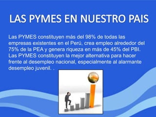 Las PYMES constituyen más del 98% de todas las
empresas existentes en el Perú, crea empleo alrededor del
75% de la PEA y genera riqueza en más de 45% del PBI.
Las PYMES constituyen la mejor alternativa para hacer
frente al desempleo nacional, especialmente al alarmante
desempleo juvenil. .
 