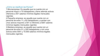¿Cómo se clasifican las Pymes?
1.Microempresa: Es aquella que no cuenta con un
personal mayor a 10 trabajadores y tiene además activos
inferiores a 501 salarios mínimos legales mensuales
vigentes
2.Pequeña empresa: es aquella que cuenta con un
personal de entre 11 y 50 trabajadores y cuentan con
unos activos mayores a 501 e inferiores a 5001 salarios
mínimos legales mensuales vigentes
3.Mediana empresa: es aquella que cuenta con un
personal de entre 51 y 200 trabajadores y con unos
activos entre 5001 y 15.000 salarios mínimos legales
mensuales vigentes.
 