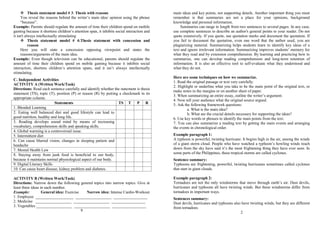  Thesis statement model # 3: Thesis with reasons
You reveal the reasons behind the writer’s main idea/ opinion using the phrase
“because”.
Example: Parents should regulate the amount of time their children spend on mobile
gaming because it shortens children’s attention span, it inhibits social interaction and
it isn't always intellectually stimulating
 Thesis statement model # 4:Thesis statement with concession and
reason
Here you will state a concession opposing viewpoint and states the
reasons/arguments of the main idea.
Example: Even though television can be educational, parents should regulate the
amount of time their children spend on mobile gaming because it inhibits social
interaction, shortens children’s attention spans, and it isn’t always intellectually
stimulating.
C. Independent Activities
ACTIVITY A (Written Work/Task)
Directions: Read each sentence carefully and identify whether the statement is thesis
statement (TS), topic (T), position (P) or reason (R) by putting a checkmark in its
appropriate column.
Statements TS T P R
1. Blended Learning
2. Eating well balanced diet and good lifestyle can lead to
good nutrition, healthy and long life.
3. Reading develops sound mind by means of increasing
vocabulary, comprehension skills and speaking skills.
4. Global warming is a controversial issue.
5. Intermittent diet
6. Can cause blurred vision, changes in sleeping pattern and
headache
7. Mental Health Law
8. Staying away from junk food is beneficial to our body,
because it maintains normal physiological aspect of our body.
9. Digital Literary Skills
10. Can cause heart disease, kidney problem and diabetes.
ACTIVITY B (Written Work/Task)
Directions: Narrow down the following general topics into narrow topics. Give at
least three ideas in each number.
Example: General idea: Exercise Narrow idea: Intense Cardio-Workout
1. Employee ___________________ __________________ _________________
2. Medicine __________________ __________________ _________________
3. Vegetables __________________ __________________ _________________
9
main ideas and key points, not supporting details. Another important thing you must
remember is that summaries are not a place for your opinions, background
knowledge and personal information.
Summaries can range in length from two sentences to several pages. In any case,
use complete sentences to describe an author's general points to your reader. Do not
quote extensively. If you quote, use quotation marks and document the quotation. If
you fail to document the quotation, even one word that the author used, you are
plagiarizing material. Summarizing helps students learn to identify key ideas of a
text and ignore irrelevant information. Summarizing improves students’ memory for
what they read and by extension comprehension. By learning and practicing how to
summarize, one can develop reading comprehension and long-term retention of
information. It is also an effective tool to self-evaluate what they understood and
what they do not.
Here are some techniques on how we summarize.
1. Read the original passage or text very carefully.
2. Highlight or underline what you take to be the main point of the original text, or
make notes in the margins or on another sheet of paper.
3. When summarizing an entire essay, outline the writer’s argument.
4. Now tell your audience what the original source argued.
5. Ask the following framework questions:
a. What is the main idea?
b. What are the crucial details necessary for supporting the ideas?
6. Use key words or phrases to identify the main points from the text.
7. You can also summarize a reading text by getting the main events and arranging
the events in chronological order.
Example paragraph 1:
A typhoon is powerful, twisting hurricane. It begins high in the air, among the winds
of a giant storm cloud. People who have watched a typhoon’s howling winds reach
down from the sky have said it’s the most frightening thing they have ever seen. In
some parts of the Philippines, these tropical storms are called cyclones.
Sentence summary:
Typhoons are frightening, powerful, twisting hurricanes sometimes called cyclones
that start in giant clouds.
Example paragraph 2:
Tornadoes are not the only windstorms that move through earth’s air. Dust devils,
hurricanes and typhoons all have twisting winds. But these windstorms differ from
tornadoes in important ways.
Sentences summary:
Dust devils, hurricanes and typhoons also have twisting winds, but they are different
from tornadoes.
2
 