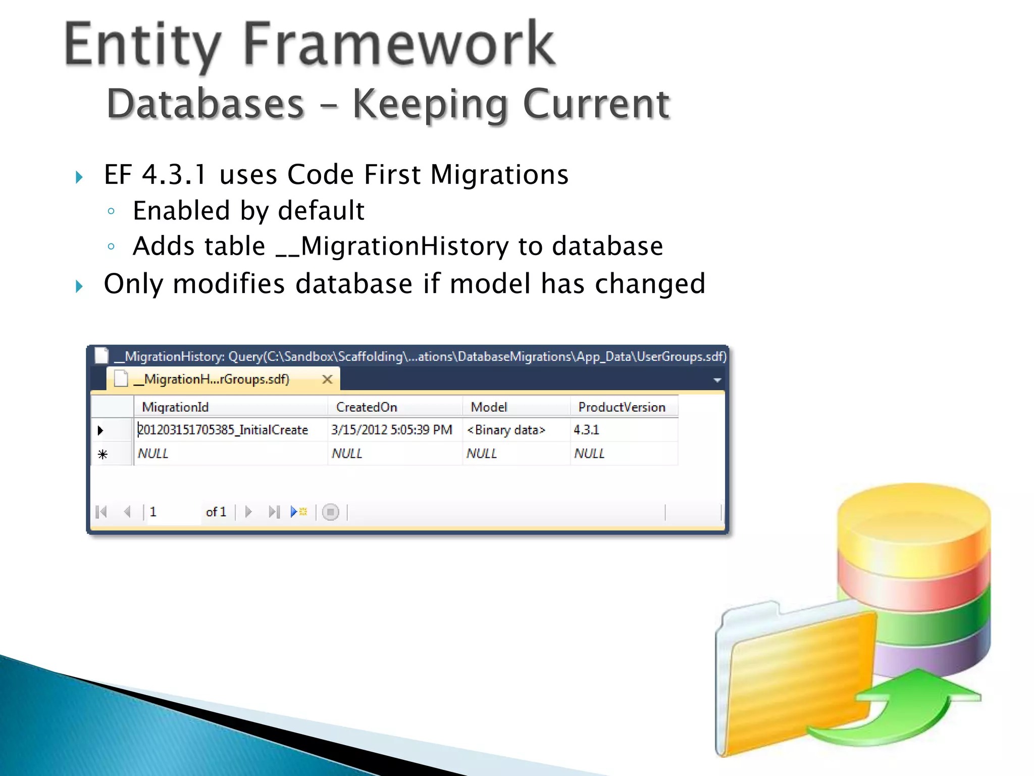 Databases – Keeping Current
   EF 4.3.1 uses Code First Migrations
    ◦ Enabled by default
    ◦ Adds table __MigrationHistory to database
   Only modifies database if model has changed
 
