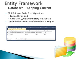 Databases – Keeping Current
   EF 4.3.1 uses Code First Migrations
    ◦ Enabled by default
    ◦ Adds table __MigrationHistory to database
   Only modifies database if model has changed
 