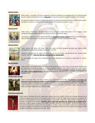 Séptima Oración.

                      Padre nuestro – Ave María. ¡Oh Jesús, inagotable Fuente de compasión, ten compasión de mí! En profundo gesto
                      de amor, habéis exclamado den la Cruz “Tengo Sed” Era sed por la salvación de género humano, oh mi Salvador.

                      Os ruego que inflaméis nuestros corazones con el deseo de dirigirnos hacia la perfección, en todas nuestras obras.
                      Extinguid en nosotros la concupiscencia carnal y el ardor de los apetitos mundanos. Amén.



Octava Oración.

                      Padre nuestro – Ave María. ¡Oh Jesús, dulzura de los corazones y deleite del espíritu ¡ Por el vinagre y la hiel
                      amarga que habéis probado en la Cruz, por amor a nosotros, oíd nuestros ruegos.

                       Concedednos la gracia de recibir dignamente, Vuestro Sacratísimo Cuerpo y Sangre Preciosísima durante nuestra
                      vida y también a la hora de la muerte, para servir de remedio y consuelo a nuestras almas. Amén.



Novena Estación.

                       Padre nuestro- Ave María. ¡Oh Jesús, virtud real y gozo del alma! Acordaos del dolor que habéis sentido,
                      sumergido en un océano de amargura, al acercarse la muerte.

                      Insultado y ultrajado por los judíos, clamasteis en alta voz que habíais sido abandonado por Vuestro Padre
                      Celestial, diciéndole: “Dios mío, Dios mío ¿por qué Me has abandonado?”

                      Por esta angustia, Os suplico, Oh mi Salvador, que no me abandonéis en los terrores y dolores de mi muerte.
                      Amén.

Décima estación.

                       Padre nuestro- Ave María Oh Jesús, principio y fin de todas las cosas, Sois la vida y la virtud plena! Acordaos que
                      por causa nuestra fuisteis sumergido en un abismo de penas; sufriendo dolor desde la planta de los pies hasta la
                      cima de la cabeza. En consideración a la enormidad de Vuestra llagas enseñadme a guardar, por puro a amor a
                      Vos, todos Vuestros Mandamientos; cuyo camino de vuestra ley divina es amplio y agradable, para aquellos que
                      Os aman. Amén.

Décima Primera Oración.

                       Padre nuestro-Ave María. Oh Jesús, ¡abismo muy profundo de misericordia! En memoria de las llagas que
                      penetraron hasta la médula de vuestros huesos y entrañas, para atraerme hacia vos, presento esta súplica. Yo,
                      miserable pecador, profundamente sumergido en mis ofensas, pido que me apartéis del pecado. Ocultadme de
                      Vuestro Rostro tan justamente irritado contra mí. Escondedme en los huecos de Vuestras Llagas, hasta que Vuestra
                      cólera y justísima indignación hayan cesado. Amén



Décima Segunda Oración.

                    Padre nuestro- Ave María Oh Jesús, ¡Espejo de la verdad, sello de la unidad y vínculo de la Caridad! Acordaos de la
                   multitud de llagas con que fuisteis herido desde la cabeza hasta los pies. Esas llagas fueron laceradas y enrojecidas. Oh
                   dulce Jesús, por la efusión de Vuestra adorable Sangre. Oh, ¡que dolor tan grande y repleto habéis sufrido por amor a
                   nosotros, en Vuestra Carne virginal! ¡Dulcísimo Jesús! ¿Qué hubo que hacer por nosotros que no habéis hecho?
                   Nada falta. ¡Todo lo habéis cumplido! ¡Oh amable y adorable Jesús! Por el fiel recuerdo de Vuestra Pasión, que el
                   fruto meritorio de Vuestros sufrimientos sea renovado en mi alma. Y que en mi corazón, Vuestro Amor aumente cada
                   día, hasta que llegue a contemplaros en la eternidad. ¡Oh amabilísimo Jesús! Vos Sois el tesoro de toda alegría y dicha
                   verdadera, que Os pido concederme en el Cielo. Amén
 