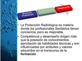 La Protección Radiológica es materia donde los profesionales Sanitarios tienen conciencia, pero es mejorable. Competencia y desempeño exigen más que la posesión de conocimientos: ejercitación de habilidades técnicas y son influenciadas por actitudes y valores adquiridos en el transcurso de la  formación 