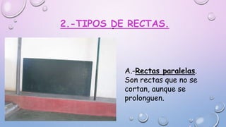 2.-TIPOS DE RECTAS.
A.-Rectas paralelas.
Son rectas que no se
cortan, aunque se
prolonguen.
.
 