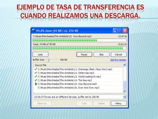 EJEMPLO DE TASA DE TRANSFERENCIA ES
 CUANDO REALIZAMOS UNA DESCARGA.
 