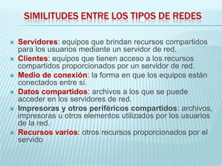 SIMILITUDES ENTRE LOS TIPOS DE REDES

   Servidores: equipos que brindan recursos compartidos
    para los usuarios mediante un servidor de red.
   Clientes: equipos que tienen acceso a los recursos
    compartidos proporcionados por un servidor de red.
   Medio de conexión: la forma en que los equipos están
    conectados entre sí.
   Datos compartidos: archivos a los que se puede
    acceder en los servidores de red.
   Impresoras y otros periféricos compartidos: archivos,
    impresoras u otros elementos utilizados por los usuarios
    de la red.
   Recursos varios: otros recursos proporcionados por el
    servido
 