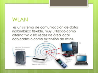WLAN
es un sistema de comunicación de datos
inalámbrico flexible, muy utilizado como
alternativa a las redes de área local
cableadas o como extensión de estas.