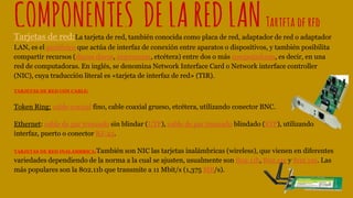 COMPONENTES DELAREDLANTarjeta dered
Tarjetas de red:La tarjeta de red, también conocida como placa de red, adaptador de red o adaptador
LAN, es el periférico que actúa de interfaz de conexión entre aparatos o dispositivos, y también posibilita
compartir recursos (discos duros, impresoras, etcétera) entre dos o más computadoras, es decir, en una
red de computadoras. En inglés, se denomina Network Interface Card o Network interface controller
(NIC), cuya traducción literal es «tarjeta de interfaz de red» (TIR).
TARJETAS DE RED CON CABLE:
Token Ring: cable coaxial fino, cable coaxial grueso, etcétera, utilizando conector BNC.
Ethernet: cable de par trenzado sin blindar (UTP), cable de par trenzado blindado (STP), utilizando
interfaz, puerto o conector RJ-45.
TARJETAS DE RED INALÁMBRICA:También son NIC las tarjetas inalámbricas (wireless), que vienen en diferentes
variedades dependiendo de la norma a la cual se ajusten, usualmente son 802.11b, 802.11g y 802.11n. Las
más populares son la 802.11b que transmite a 11 Mbit/s (1,375 MB/s).
 