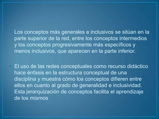Los conceptos más generales e inclusivos se sitúan en la parte superior de la red, entre los conceptos intermedios y los conceptos progresivamente más específicos y menos inclusivos, que aparecen en la parte inferior.El uso de las redes conceptuales como recurso didáctico hace énfasis en la estructura conceptual de una disciplina y muestra cómo los conceptos difieren entre ellos en cuanto al grado de generalidad e inclusividad. Esta jerarquización de conceptos facilita el aprendizaje de los mismos