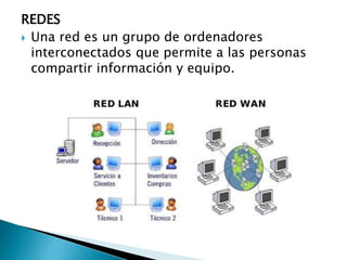 REDES
Una red es un grupo de ordenadores
interconectados que permite a las personas
compartir información y equipo.