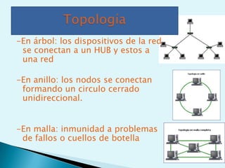 -En árbol: los dispositivos de la red
 se conectan a un HUB y estos a
 una red

-En anillo: los nodos se conectan
 formando un circulo cerrado
 unidireccional.


-En malla: inmunidad a problemas
 de fallos o cuellos de botella
 