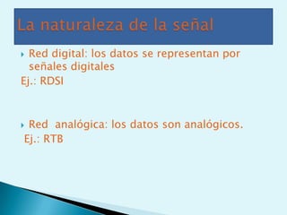  Red digital: los datos se representan por
  señales digitales
Ej.: RDSI



Red analógica: los datos son analógicos.
Ej.: RTB
 