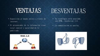 VENTAJAS
• Exposición al mundo entero a través de
internet.
• El presentador de la información tiene
total control y autoridad de lo
publicado.
DESVENTAJAS
• Su tecnología está asociada
con HTML, JavaScript 1.0.
• La comunicación es pasiva.
 