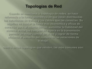 Clasificación según su tamaño:LAN, MAN y WANLas redes LAN (Local Area Network, redes de área local) son las redes que todos conocemos, es decir, aquellas que se utilizan en nuestra empresa. Son redes pequeñas, entendiendo como pequeñas las redes de una oficina, de un edificio… Debido a sus limitadas dimensiones, son redes muy rápidas en las cuales cada estación se puede comunicar con el resto. Las redes WAN (Wide Area Network, redes de área extensa) son redes punto a punto que interconectan países y continentes. Por ejemplo, un cable submarino entre Europa y América, o bien una red troncal de fibra óptica para interconectar dos países. Al tener que recorrer una gran distancia sus velocidades son menores que en las LAN aunque son capaces de transportar una mayor cantidad de datos. Como vemos, las redes LAN son pequeñas y las redes WAN, muy grandes: debe existir algún término para describir unas redes de tamaño intermedio. Esto es, las redes MAN (Metropolitan Area Network, redes de área metropolitana). Un ejemplo es la red utilizada en una pequeña población de la Comunidad Valenciana, Villena, para interconectar todos sus comercios, hogares y administraciones públicas (proyecto InfoVille). 