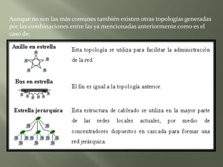 Topologías de RedCuando se menciona la topología de redes, se hace referencia a la forma geométrica en que están distribuidas las estaciones de trabajo y los cables que las conectan. Su objetivo es buscar la forma más económica y eficaz de conexión para, al mismo tiempo, aumentar la fiabilidad del sistema, evitar los tiempos de espera en la transmisión, permitir un mejor control de la red y lograr de forma eficiente el aumento del número de las estaciones de trabajo. Dentro de las topologías que existen, las más comunes son: