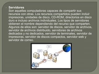 ELEMENTOS DE UNA REDEstaciones de trabajoCada computadora conectada a la red conserva la capacidad de funcionar de manera independiente, realizando sus propios procesos. Asimismo, las computadoras se convierten en estaciones de trabajo en red, con acceso a la información y recursos contenidos en el servidor de archivos de la misma. Una estación de trabajo no comparte sus propios recursos con otras computadoras. Esta puede ser desde una PC XT hasta una Pentium, equipada según las necesidades del usuario; o también de otra arquitectura diferente como Macintosh, Silicon Graphics, Sun, etc.