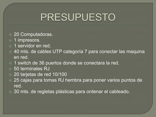 RED EN ARBOLTopología de red en la que los nodos están colocados en forma de árbol. Desde una visión topológica, la conexión en árbol es parecida a una serie de redes en estrella interconectadas salvo en que no tiene un nodo central. En cambio, tiene un nodo de enlace troncal, generalmente ocupado por un hub o switch, desde el que se ramifican los demás nodos. Es una variación de la red en bus, la falla de un nodo no implica interrupción en las comunicaciones. Se comparte el mismo canal de comunicaciones.	La topología en árbol puede verse como una combinación de varias topologías en estrella. Tanto la de árbol como la de estrella son similares a la de bus cuando el nodo de interconexión trabaja en modo difusión, pues la información se propaga hacia todas las estaciones, solo que en esta topología las ramificaciones se extienden a partir de un punto raíz (estrella), a tantas ramificaciones como sean posibles, según las características del árbol.