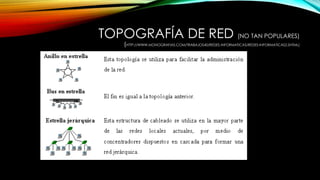 TOPOGRAFÍA DE RED (NO TAN POPULARES)
(HTTP://WWW.MONOGRAFIAS.COM/TRABAJOS40/REDES-INFORMATICAS/REDES-INFORMATICAS2.SHTML)
 