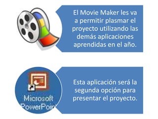 El Movie Maker les va
 a permitir plasmar el
proyecto utilizando las
  demás aplicaciones
aprendidas en el año.




Esta aplicación será la
segunda opción para
presentar el proyecto.
 