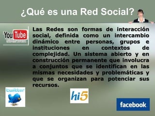 ¿Qué es una Red Social?Las Redes son formas de interacción social, definida como un intercambio dinámico entre personas, grupos e instituciones en contextos de complejidad. Un sistema abierto y en construcción permanente que involucra a conjuntos que se identifican en las mismas necesidades y problemáticas y que se organizan para potenciar sus recursos.