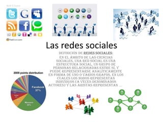 Las redes sociales Definición de redes sociales: En el ámbito de las ciencias sociales, una red social es una estructura social, un grupo de personas relacionadas entre sí, y puede representarse analíticamente en forma de uno o varios grafos, en los cuales los nodos representan individuos (a veces denominados actores) y las aristas representan ....   