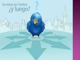  Twitterfue fundado en marzo de 2006 por los
 estudiantes de la Universidad de Cornell en Nueva
 York, Jack Dorsey, Biz Stone, Evan Williams y Noah
 Glass.

 twitter,es una herramienta que nos ayuda a
 ponernos en contacto con personalidades del
 mundo artístico, personalidades del mundo
 intelectual, amigos, maestros, entro otras cosas
 que como jóvenes nos agradan como lo es la
 música, los deportes, televisión, cine, teatro, etc.

 10   puntos de uso del twitter.
 