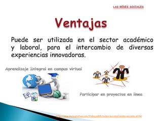 Puede ser utilizada en el sector académico
y laboral, para el intercambio de diversas
experiencias innovadoras.




             http://www.monografias.com/trabajos84/redes-sociales/redes-sociales.shtml
 