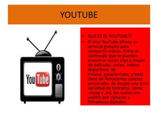 YOUTUBE

    • QUE ES EL YOUTUBE??
    • El sitio YouTube ofrece un
      servicio gratuito para
      compartir videos. Entre el
      contenido que se pueden
      encontrar están clips o trozos
      de películas, series, videos
      deportivos, de
      música, pasatiempos, y toda
      clase de filmaciones caseras
      personales. Se acepta una gran
      variedad de formatos, como
      .mpeg y .avi, los cuales son
      usados por cámaras y
      filmadoras digitales.
 