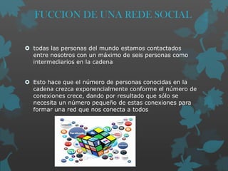 FUCCION DE UNA REDE SOCIAL
 todas las personas del mundo estamos contactados
entre nosotros con un máximo de seis personas como
intermediarios en la cadena
 Esto hace que el número de personas conocidas en la
cadena crezca exponencialmente conforme el número de
conexiones crece, dando por resultado que sólo se
necesita un número pequeño de estas conexiones para
formar una red que nos conecta a todos

 