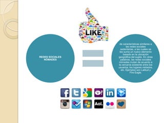 REDES SOCIALES
NÓMADES
de características similares a
las redes sociales
sedentarias, a las cuales se
les suma un nuevo elemento
basado en la ubicación
geográfica del sujeto. En otras
palabras, las redes sociales
nómades mutan de acuerdo a
la cercanía existente entre los
usuarios, los lugares visitados,
etc. Ejemplos son Latitud y
Fire Eagle.
 