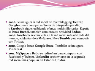  2006. Se inaugura la red social de microblogging Twitter, 
Google cuenta con 400 millones de búsquedas por día, 
y Facebook sigue recibiendo ofertas multimillonarias, España 
se lanza Tuenti, también comienza su actividad Badoo. 
2008. Facebook se convierte en la red social más utilizada del 
mundo, adelantando a MySpace. Nace Tumblr para competir 
con Twitter. 
 2010. Google lanza Google Buzz, También se inaugura 
Pinterest. 
 2011. MySpace y Bebo se rediseñan para competir con 
Facebook y Twitter. LinkedIn se convierte en la segunda 
red social más popular en Estados Unidos. 
 