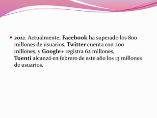  2012. Actualmente, Facebook ha superado los 800 
millones de usuarios, Twitter cuenta con 200 
millones, y Google+ registra 62 millones, 
Tuenti alcanzó en febrero de este año los 13 millones 
de usuarios. 
 